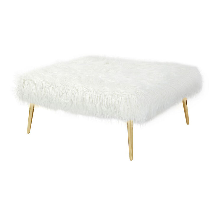 Ammy 36 Inch Ottoman, White Faux Fur Square Padded Seat, Gold Metal Finish - Benzara
