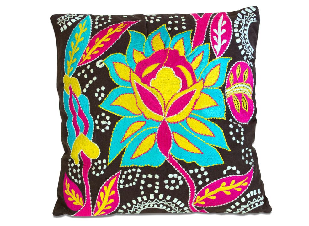 HomeRoots Set of Two 16" Black And Blue Floral Cotton Throw Pillows with Embroidery