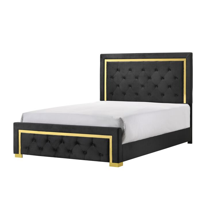 Robin Full Size Bed, Platform Base, Gold, Button Tufted Black Upholstery - Benzara