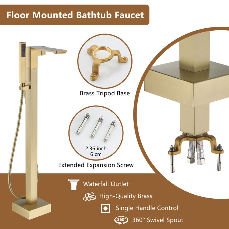 Mondawe 1-Handle Brushed Nickel Floor Mount Freestanding Tub Faucet with Square Hand Shower