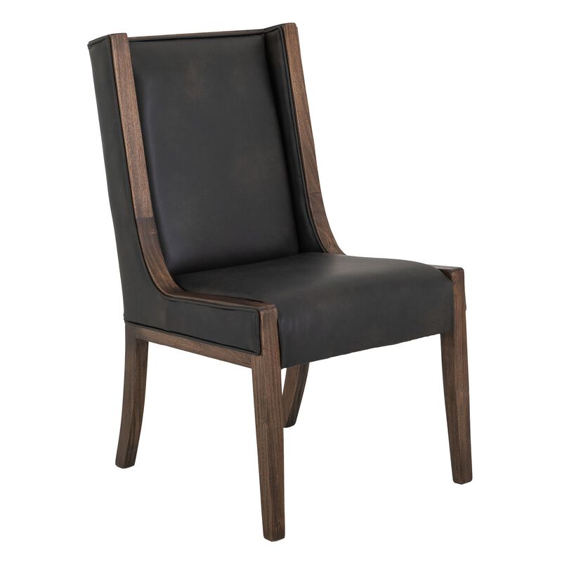 Ally Dining Side Chair Set of 2, Walnut Brown Wood, Black Faux Leather - Benzara