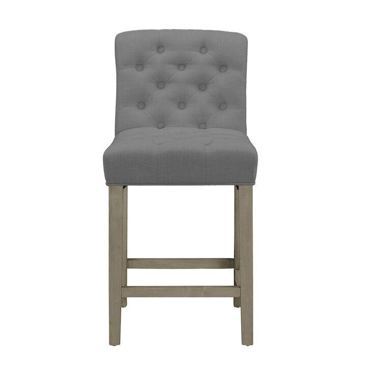 Glamour Home Set of 2 Gray Fabric Counter Stool Roll Back Design and Tufted Buttons