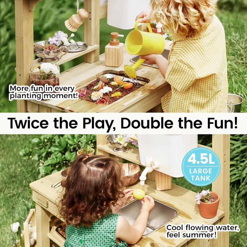 Outdoor Mud Kitchen - Wooden Water Play Kitchen, 12mm Thick Weather-Resistant Wood, 4L Water Tank & Sink, Modular Stove/Sensory Table, Large Storage image number 5