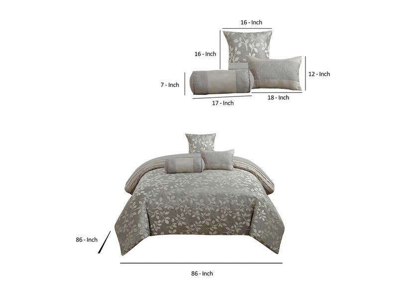 King Size 7 Piece Fabric Comforter Set with Leaf Prints, Gray - Benzara