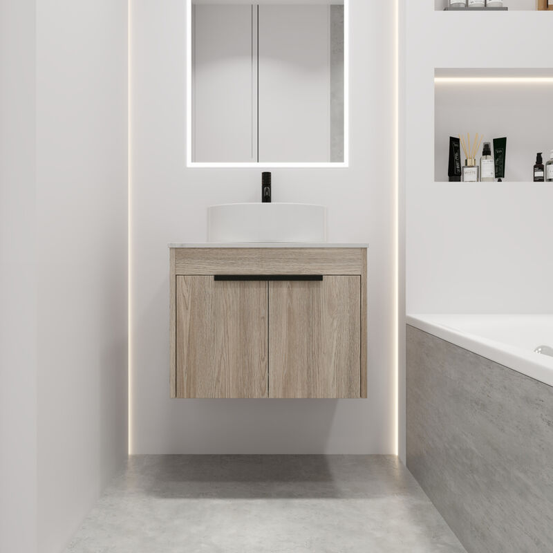24 " Modern Design Float Bathroom Vanity With Ceramic Basin Set, Wall Mounted White Oak Vanity With Soft Close Door, KD-Packing, KD-Packing,2 Pieces Parcel(TOP-BAB400MOWH)