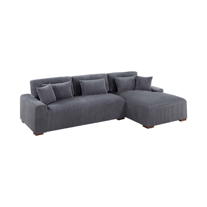 Lio 2pc XL Sectional Sofa with Chaise, 5 Throw Pillows, Gray Corduroy - Benzara