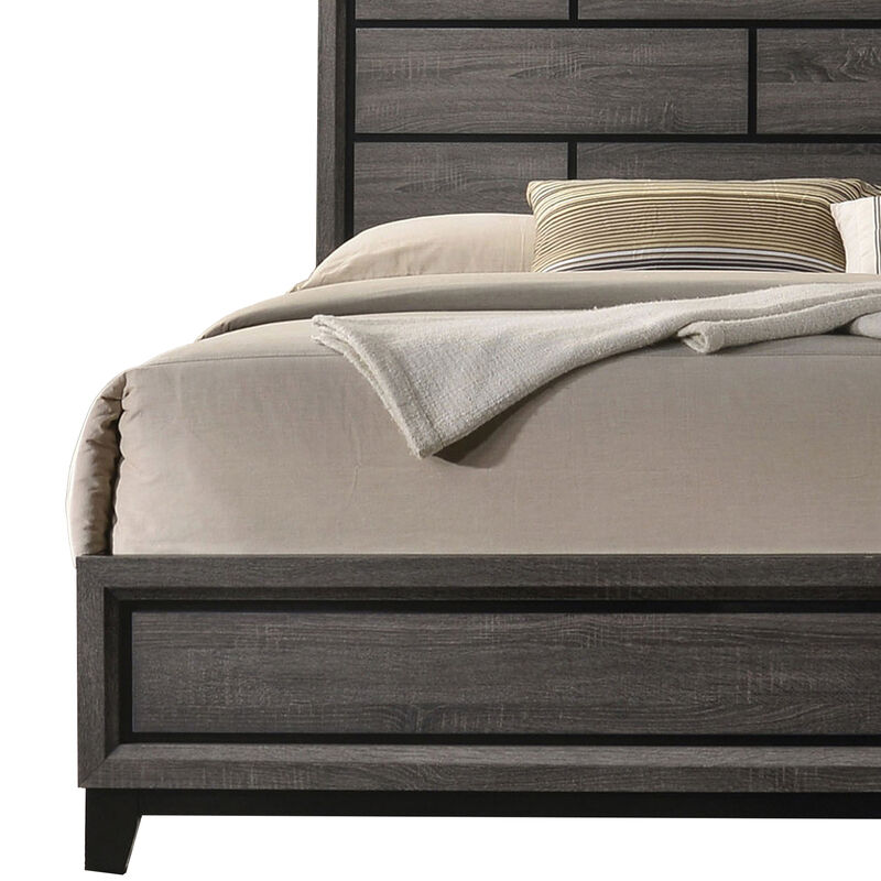 Erica King Size Bed, Gray and Black Wood Finish, Panel Style Headboard - Benzara