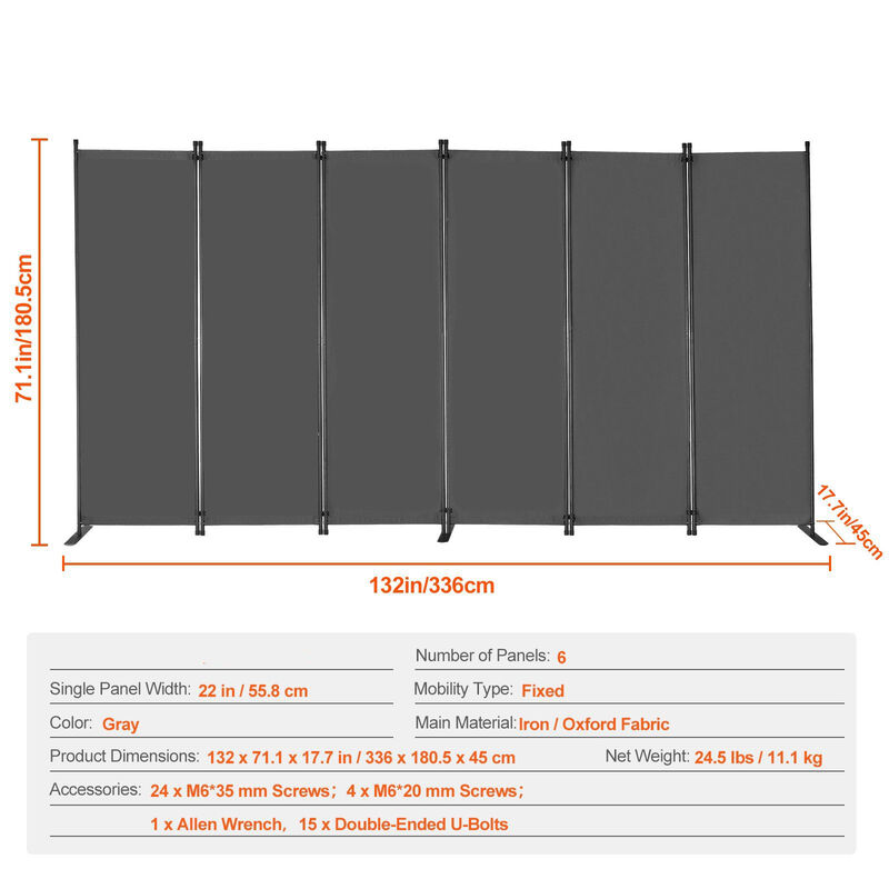 Folding Room Divider with 6 Panels, Portable Privacy Screen for Office, Bedroom & Living Room-Grey image number 2