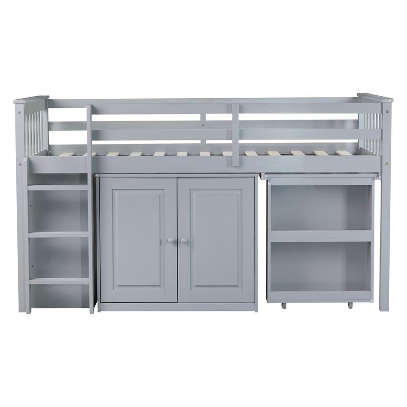 Whisen Twin Loft Bed with Drawers, Built-in Cabinet and Pulling-Out Desk, Rubber Wood Loft Bed with Safety Guardrail and Ladder - Gray