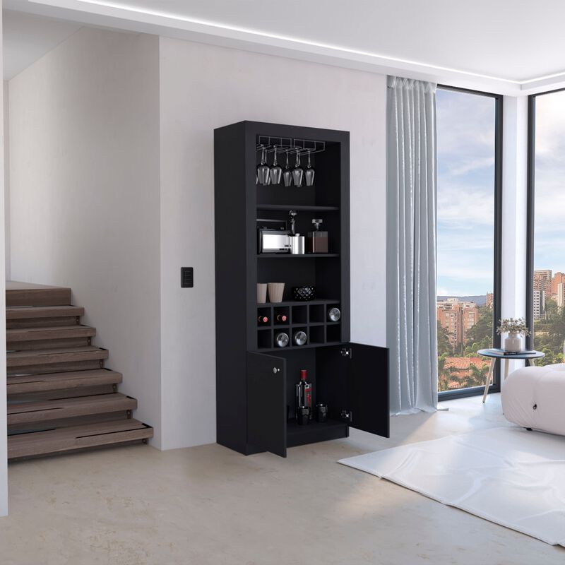 Nero Cabinet 4-Tier, Glass Holder Stemware Rack, Wine Cabinet, Liquor Cabinet, 10 Bottle Cubbies, 4 Shelves, Black , Living Room