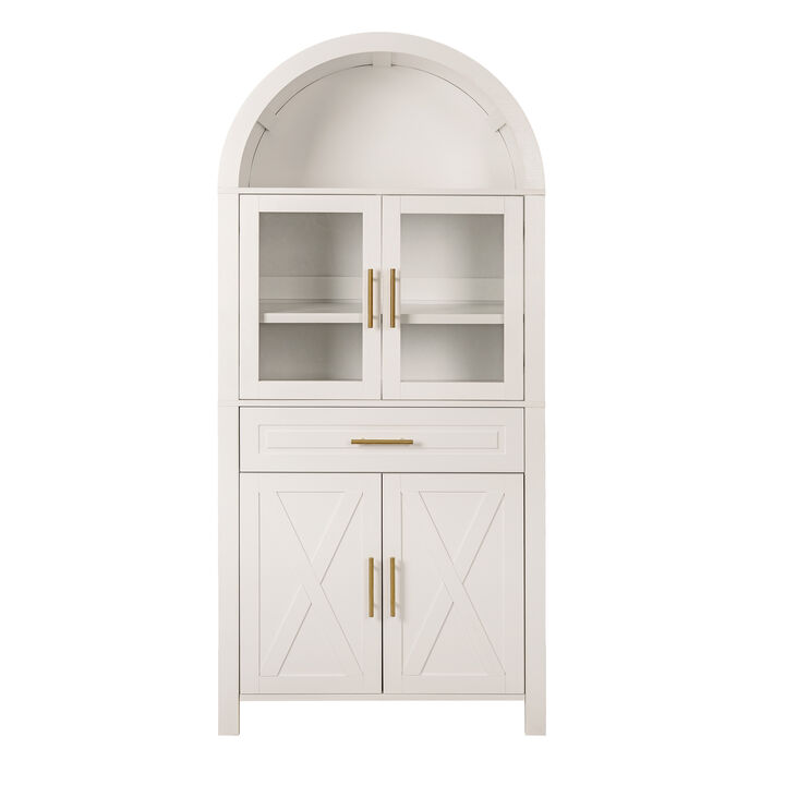 Merax Farmhouse Arched Glass Barn Door Pantry Cabinet - Adjustable Shelves & Built-In Racks