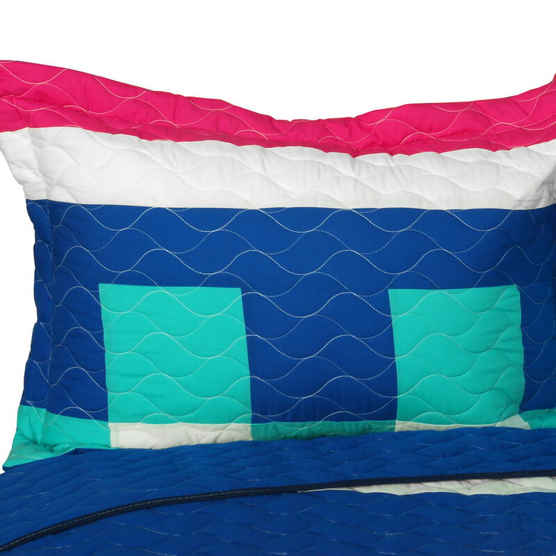Vermicelli Quilted Plaid Quilt Set Queen Size for Bedroom Bedding Decor-Blue image number 2
