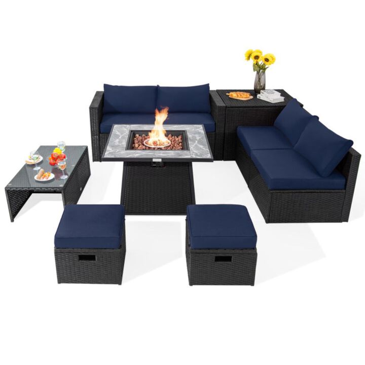 Hivvago 9 Pieces Outdoor Wicker Sectional with 35 Inch Gas Fire Pit Table