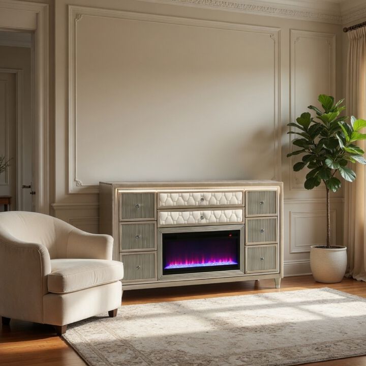 Maren Wide Dresser, 8 Drawers, LED Flame box, Velvet