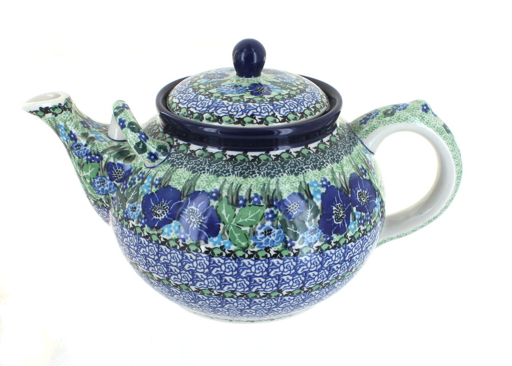 Blue Rose Polish Pottery Peacock Feather Large Teapot