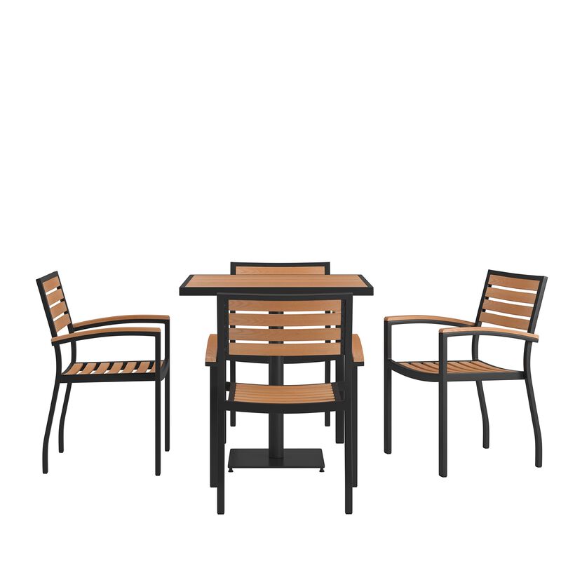 Flash Furniture 5 Piece Patio Dining Table Set - Indoor/Outdoor Black Steel Framed 30" Square Faux Teak Table - 4 Stacking Club Chairs with Teak Accented Arms