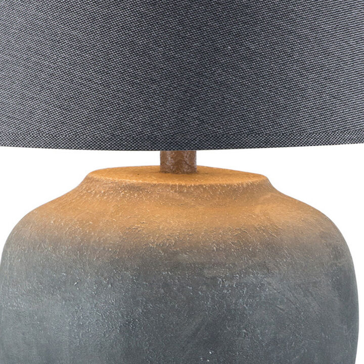 Buen 28 Inch Hydrocal Table Lamp, Black Drum Shade, Urn Base, Gray Rust - Benzara