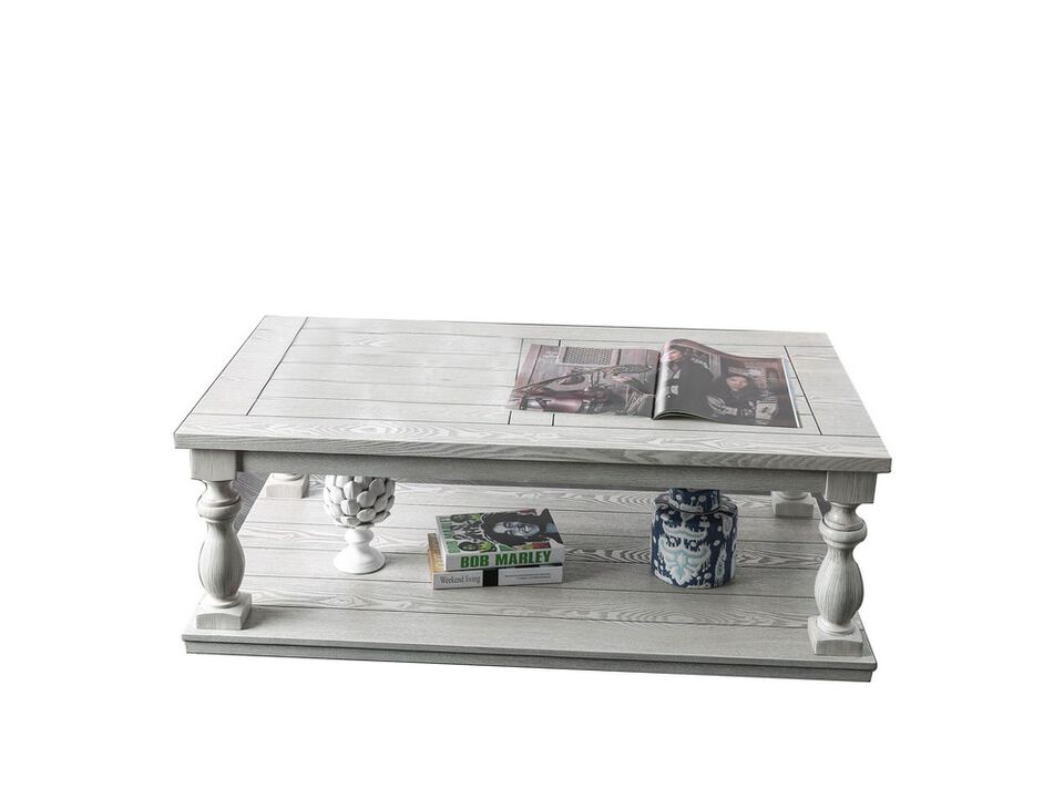 Plank Top Coffee Table with Open Shelf and Turned Legs, Antique White-Benzara