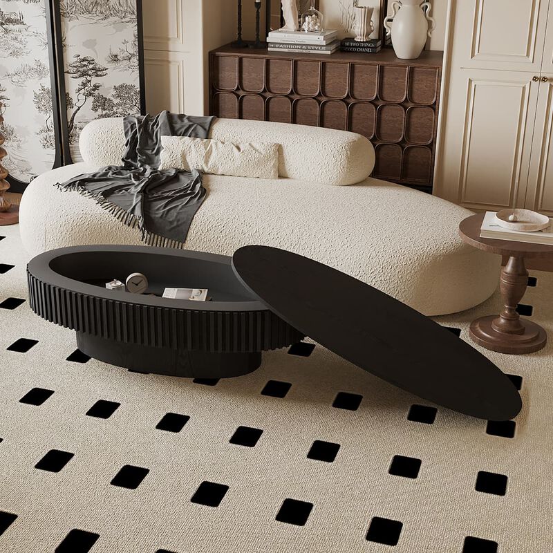 Oval coffee table with storage Solid wood veneer and MDF modern coffee table with fluted base Accent tea coffee table for living room image number 4