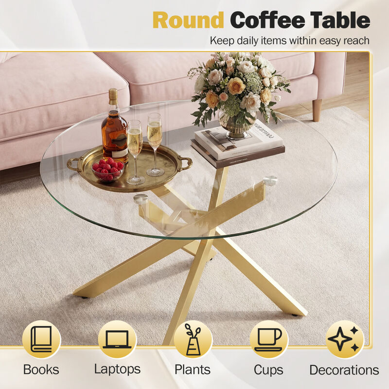 Circular Glass Coffee Table with Tempered Glass Top for Home Office Living Room image number 6