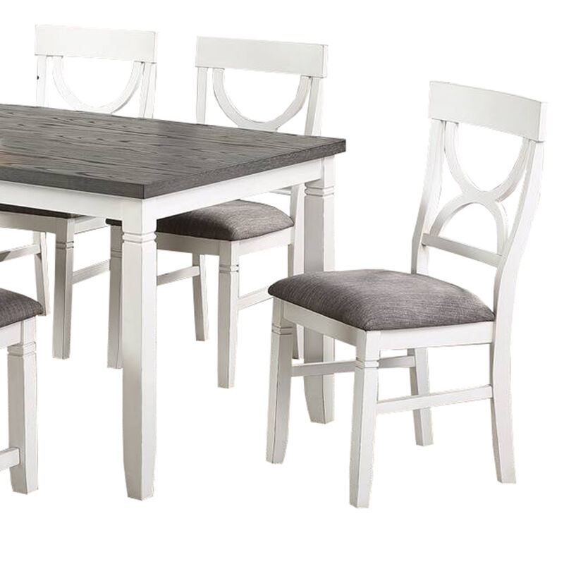 6 Piece Dining Set with Cut Out Back Chairs and Padded Bench, White and Gray - Benzara