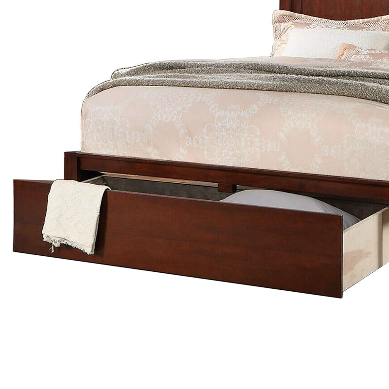 Kali Platform California King Panel Bed, Storage Drawer, Cherry Brown Wood - Benzara