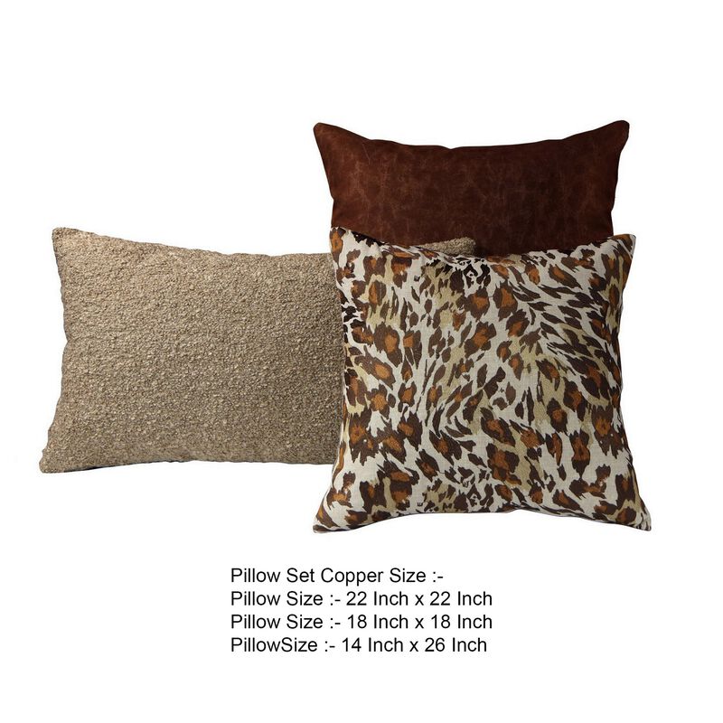 3 Modern Accent Throw Pillows, Animal Print, Sherpa Boucle, Brown, Beige - Benzara image number 5