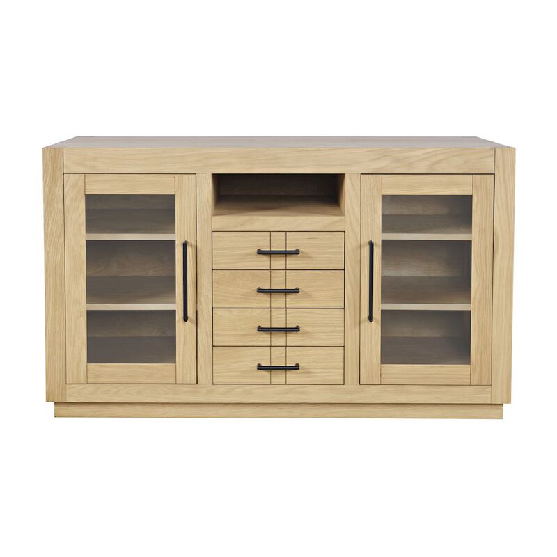 Jofran 50 Contemporary Media Console with Tempered Glass Doors, Drawers and Shelves