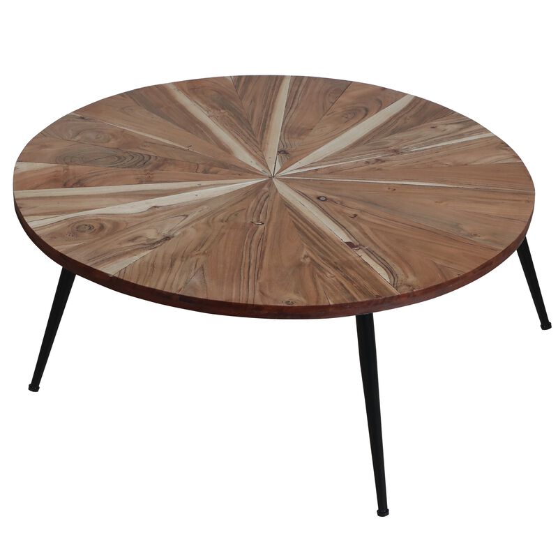 31 Inch Round Acacia Wood Coffee Table, Sunburst Design, Black Powder Coated Tapered Iron Legs, Natural Brown-Benzara image number 3