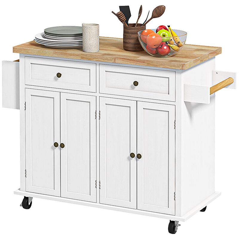 White Kitchen Island Cart: Rubberwood Top, Storage Drawers