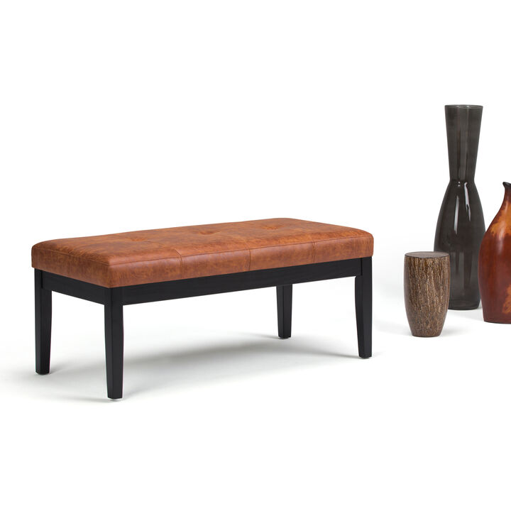 Lacey 43 inch Wide Contemporary Rectangle Tufted Ottoman Bench in Distressed Saddle Brown Faux Air Leather