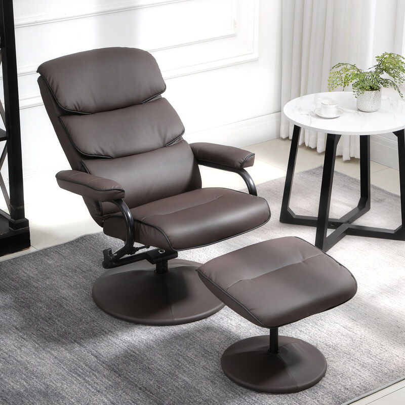 HOMCOM Recliner Chair with Ottoman, PU Leather Swivel High Back Armchair w/ Footrest, 135° Adjustable Backrest and Thick Foam Padding, Brown