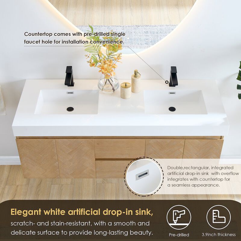 Altair-11 Double Bathroom Vanity in Light Brown White Artificial Drop-in Sink