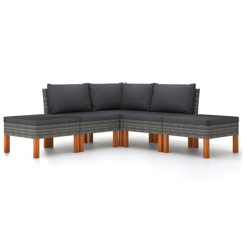 Casey 5pc Outdoor Modular Lounge Sofa Set, Gray Rattan, Brown Wood - Benzara