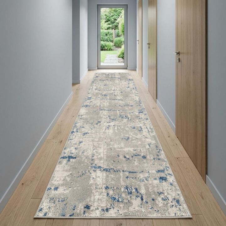HomeRoots 12' Blue and Gray Abstract Power Loom Runner Rug