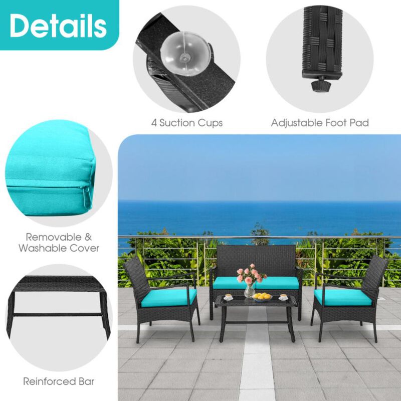Hivvago 4 Pieces Outdoor Rattan Conversation Set with Tempered Glass Coffee Table