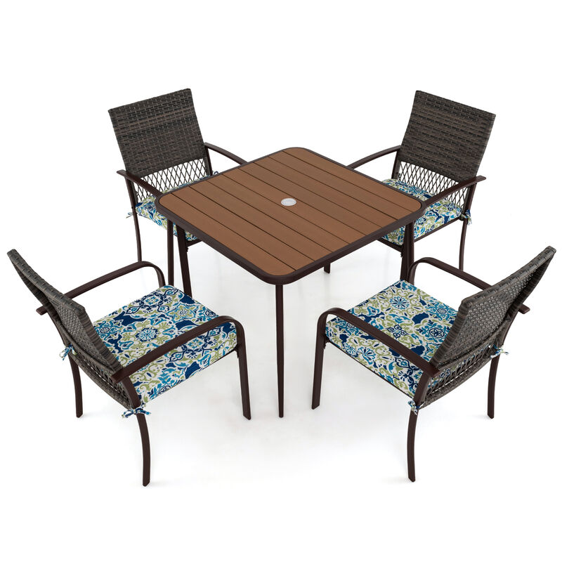 Outdoor 5-Piece Dining Set – 4 Rattan Armchairs with Cushions & Square Table