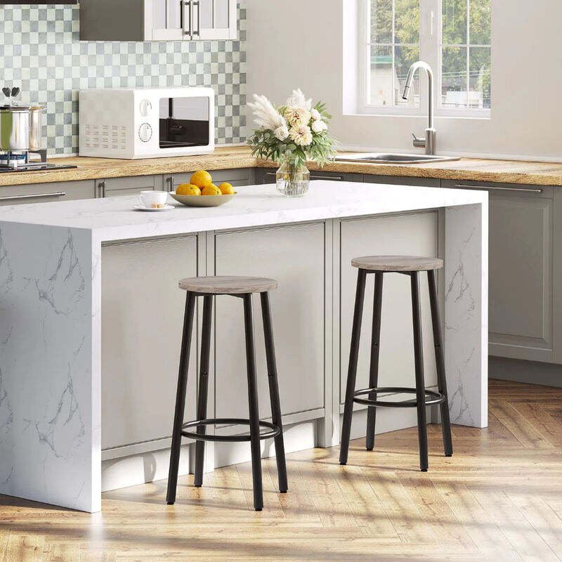 2-Piece Round Bar Stool Set with Footrest, Modern Counter Seating-Greige image number 1
