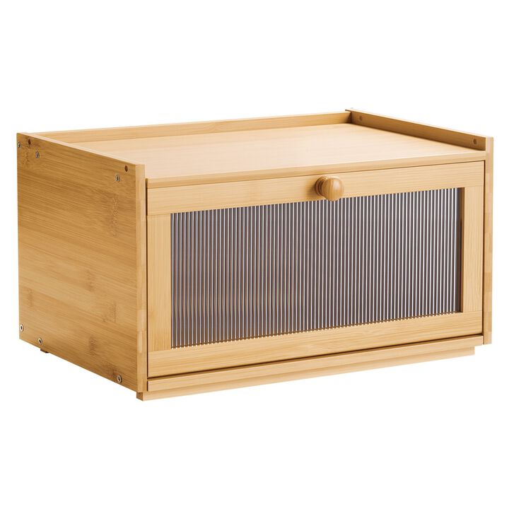 Large Wooden Bread Box for Kitchen Counter, Bread Storage Bin with Acrylic Wavy Door-Natural