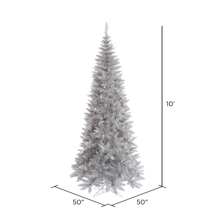 Vickerman 10' Silver Tinsel Fir Slim Artificial Christmas Tree, Unlit - Faux Silver Christmas Tree - Seasonal Indoor Home Decor