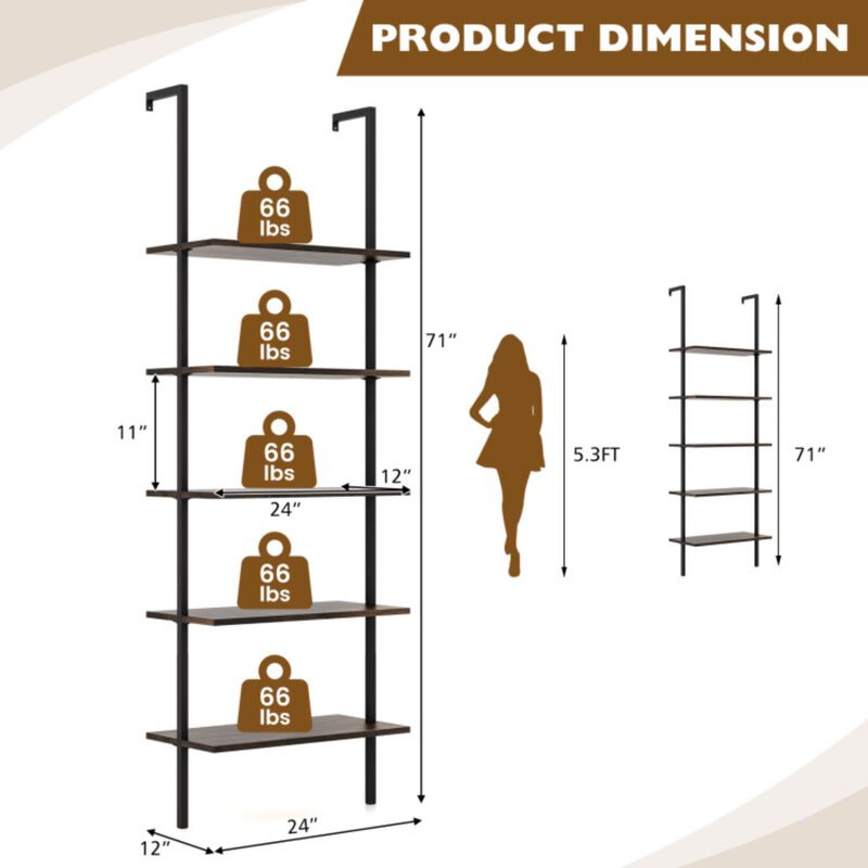 Hivvago 5 Tier Ladder Shelf Wall-Mounted Bookcase with Steel Frame