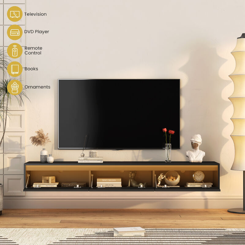 GOODSILO Floating TV Stand with LED Lights and Power Outlet, High Gloss Wall Mounted Storage Cabinet for Living Room Entertainment image number 6