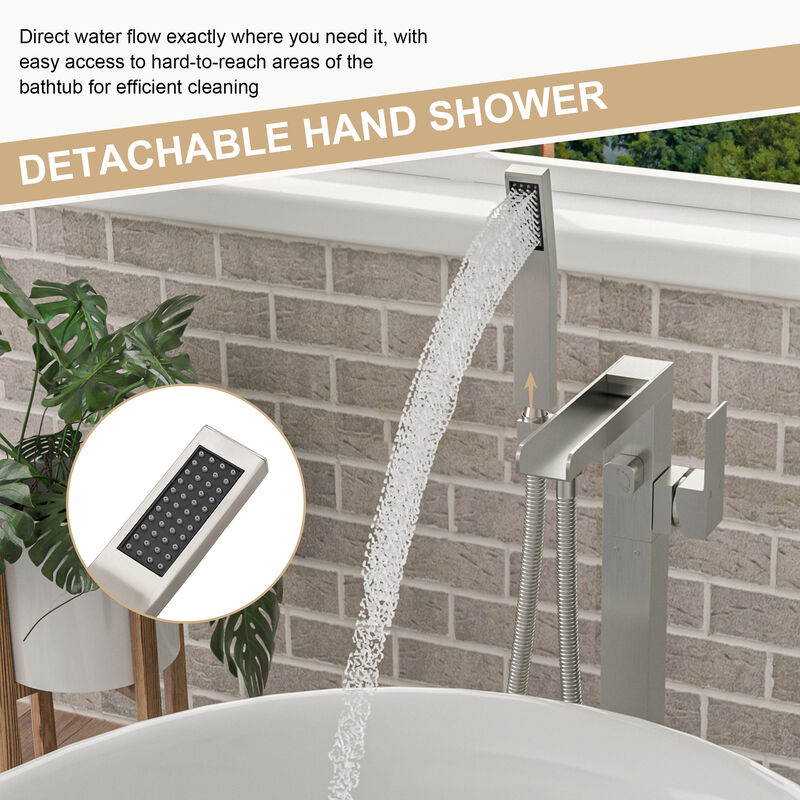 Freestanding Bathtub Faucet Waterfall Tub Filler Brushed Nickel Floor Mount Brass Bathroom Faucets with Hand Shower