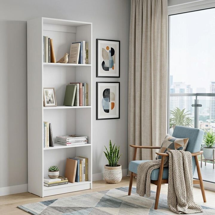 HomeRoots 71" White Wood Four Tier Bookcase