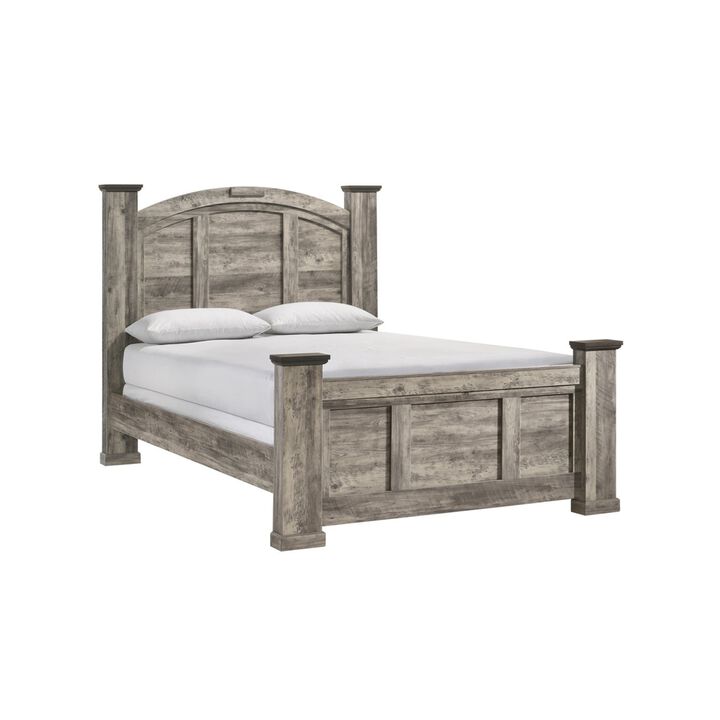 Elaya Queen Panel Bed, Arched Crown Headboard, Weathered Gray Wood