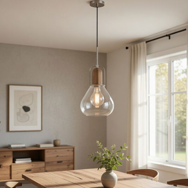 Pendant Light, Adjustable Height, Hand Blown Glass, Wood Accent, Silver