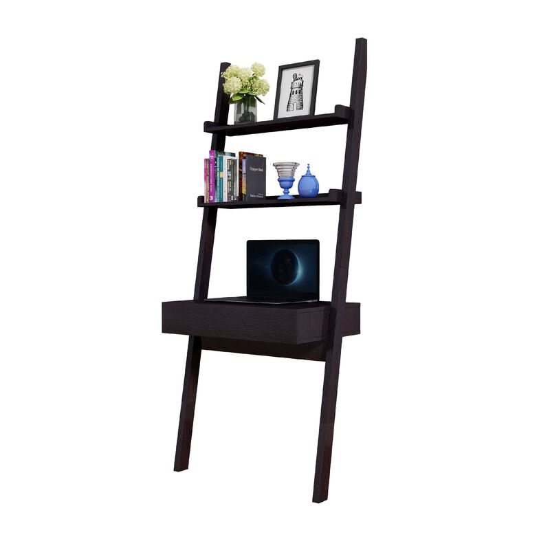 Tall Desk with Ladder Shelves, 1 Drawer 2 Shelves, 72 Inch, Brown Wood
