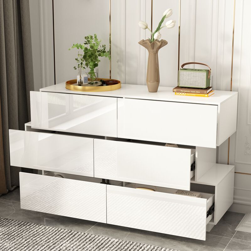 16.1 in. D x 30.7 in. H High Gloss White Wood 6-Drawer 45.3 in. W Chest of Drawers Storage Cabinet Modern Style