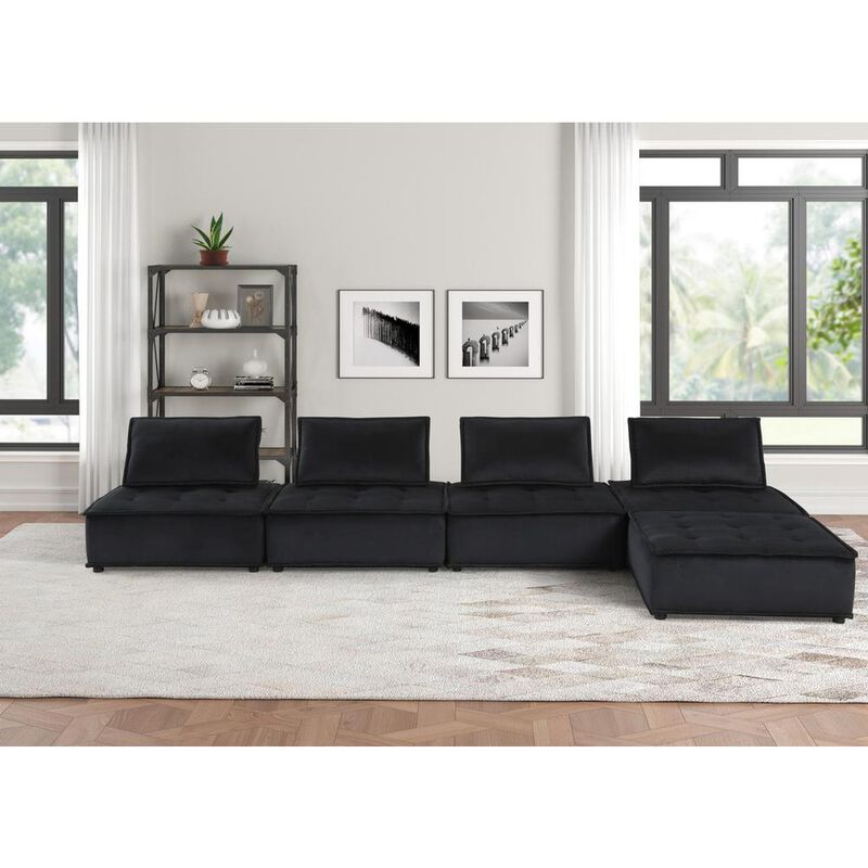 Lilola Home Anna Black Velvet 5 Pc Sectional Sofa Ottoman