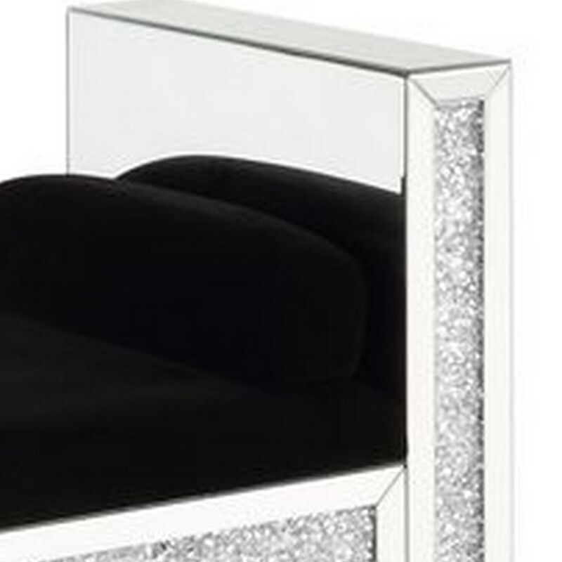 Mirrored Bench with 2 Pillows and Button Tufted Seat, Silver-Benzara